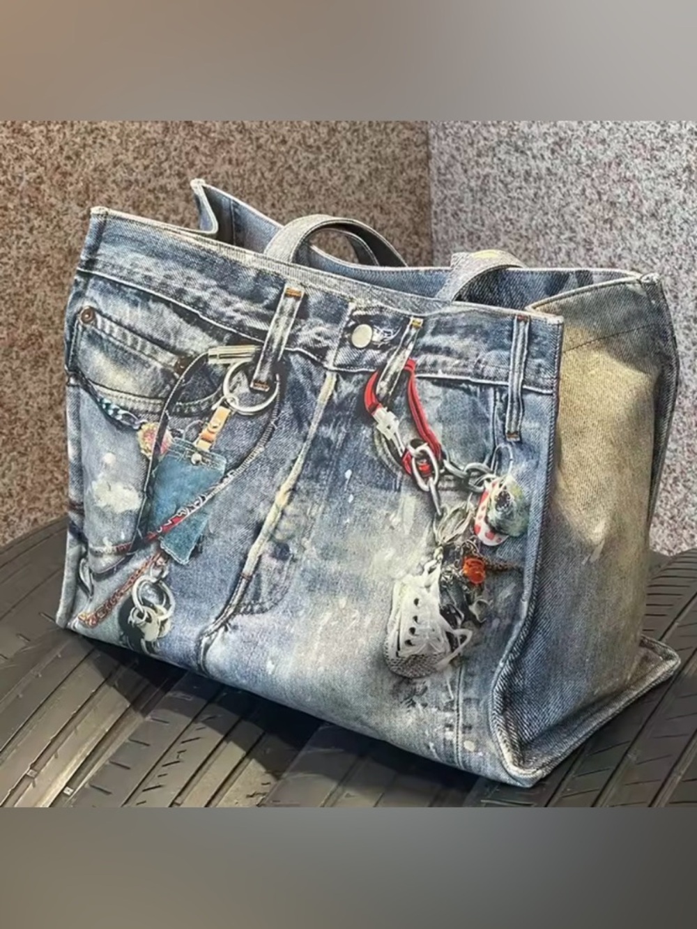 Denim Print Canvas Tote with Keychain Charms - Blue